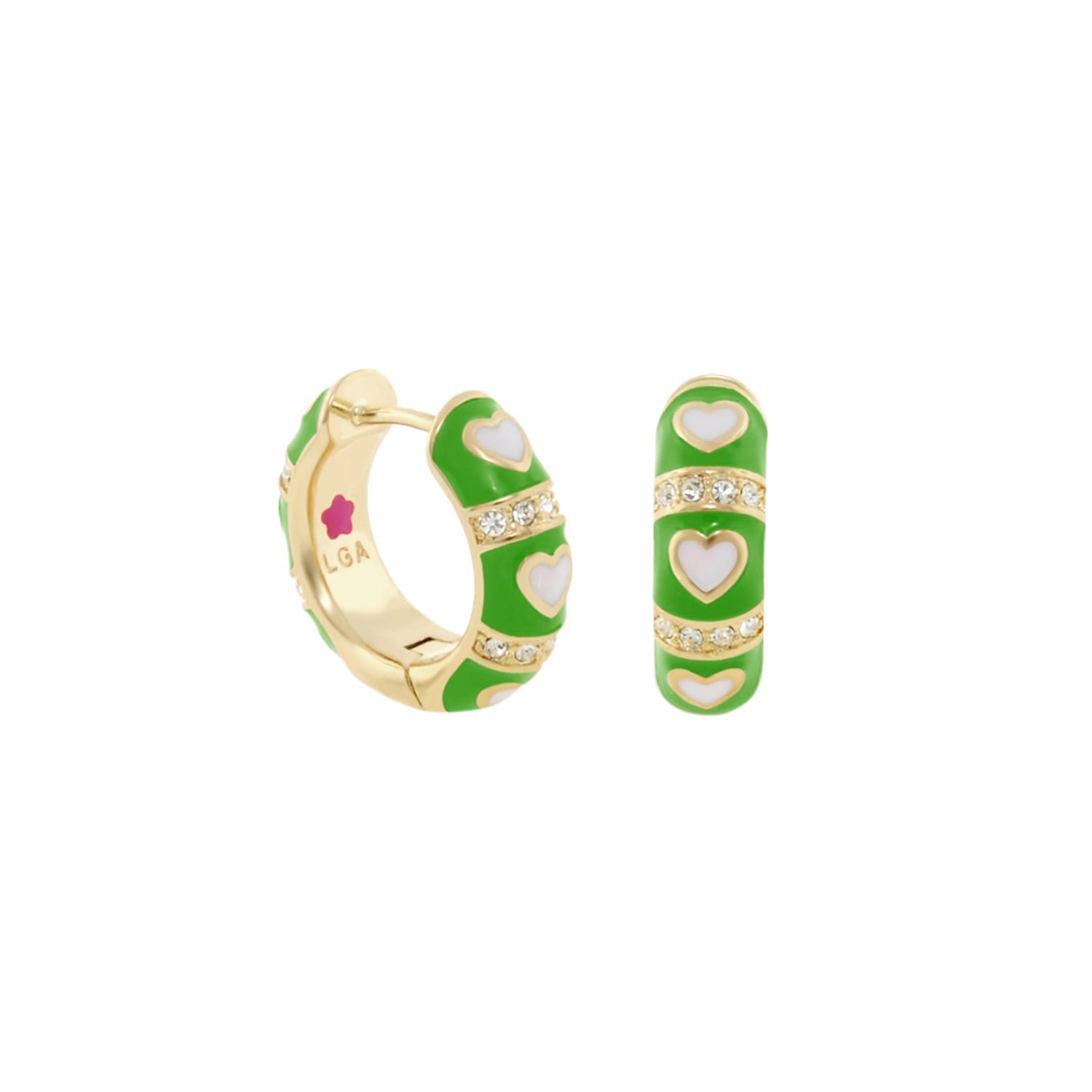 Lots of Love Earrings pair green enamel hoops with white hearts by Lauren G Adams on Tampa Home & Garden Store