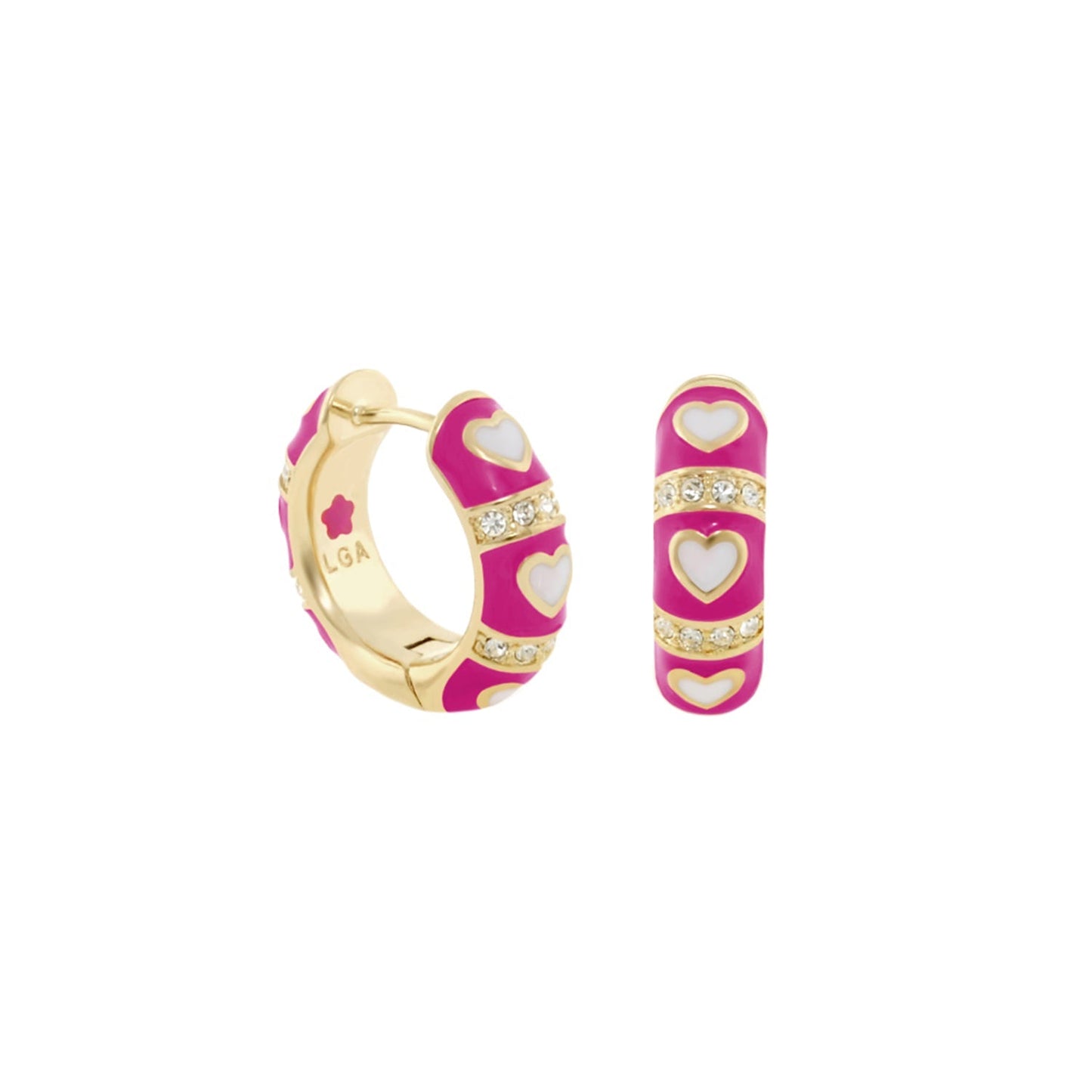 Lots of Love earrings by Lauren G Adams, pink enamel hoops with white hearts and crystal bands on Tampa Home & Garden Store