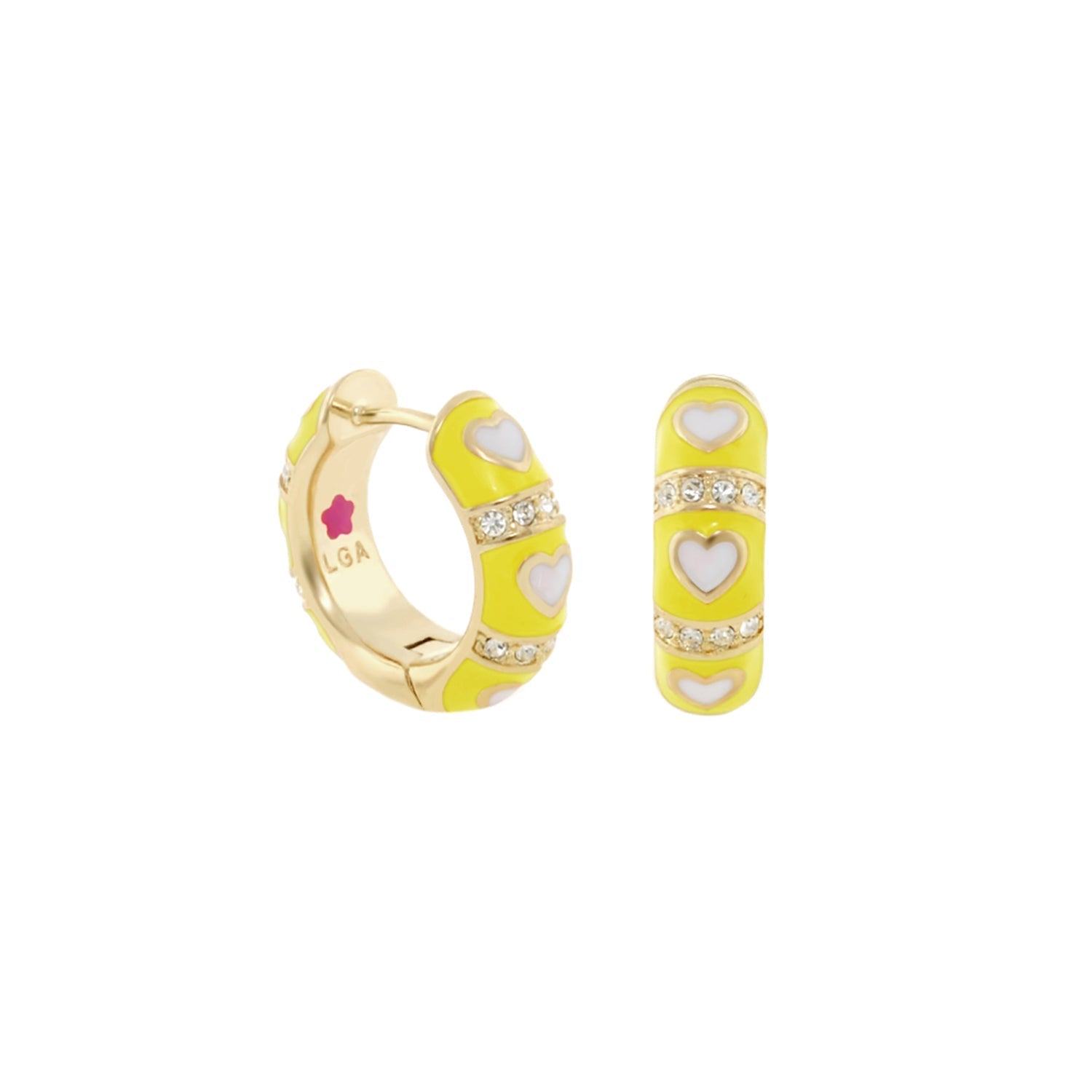 Lots of Love earrings, yellow enamel hoops with white heart accents and crystal bands, LGA on Tampa Home & Garden Store