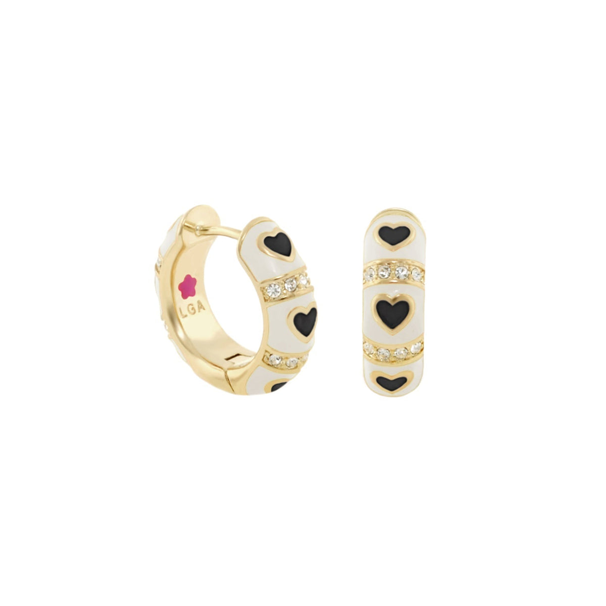 Lots of Love Earrings by Lauren G Adams, gold-tone hoops with white enamel and black hearts on Tampa Home & Garden Store