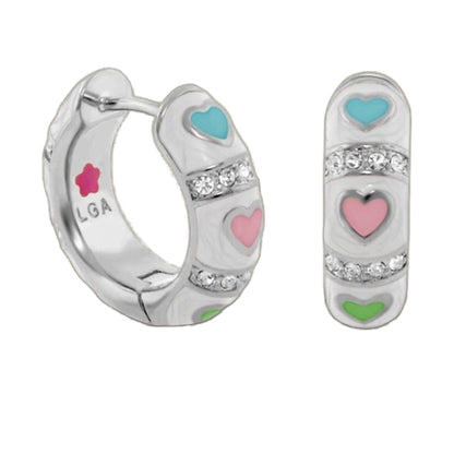 Lots of Love Earrings by Lauren G Adams; silver-tone hoops with turquoise heart inlays and pink hearts on Tampa Home & Garden Store