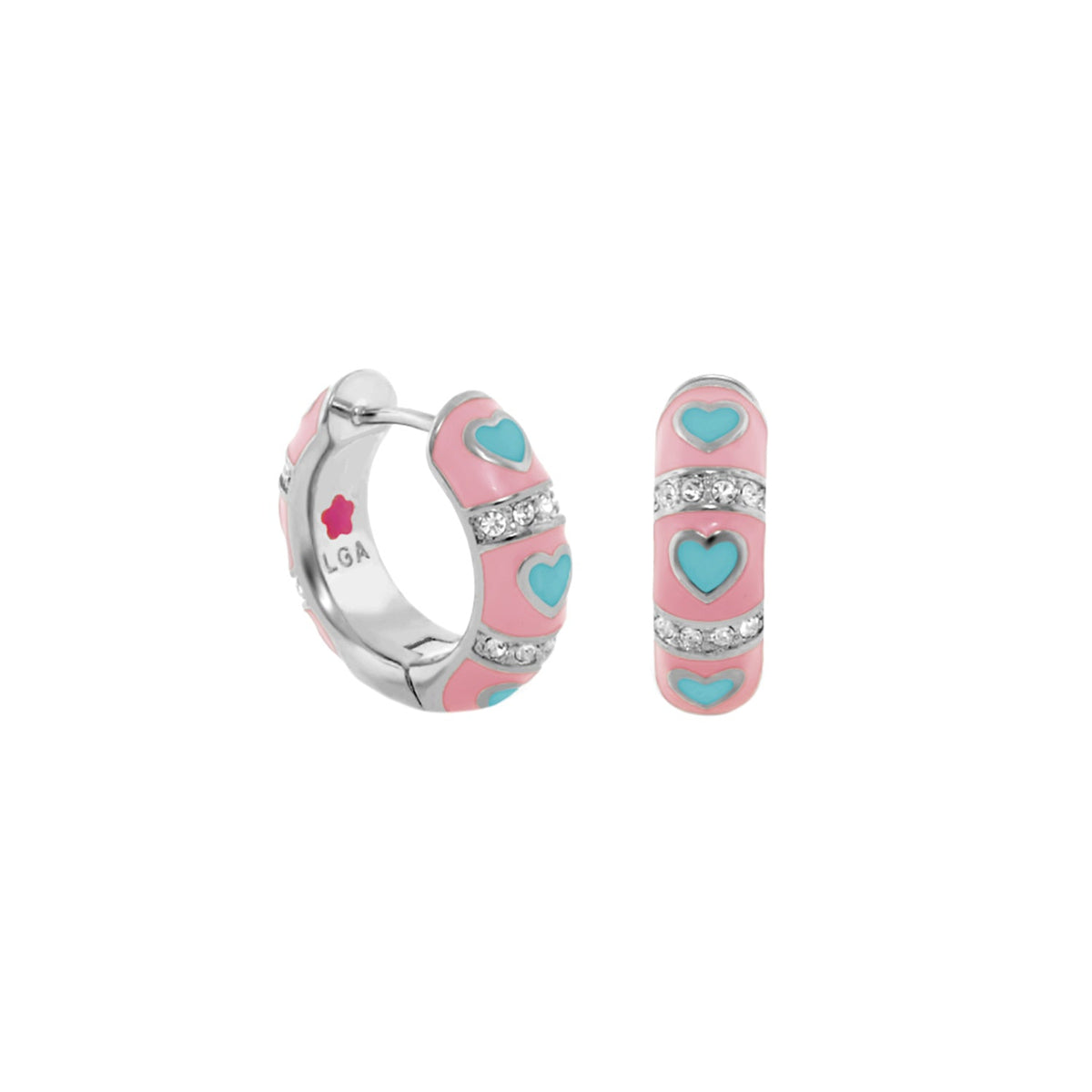 Lots of Love Earrings by Lauren G Adams, pink enamel huggie hoops with turquoise hearts and crystals on Tampa Home & Garden Store