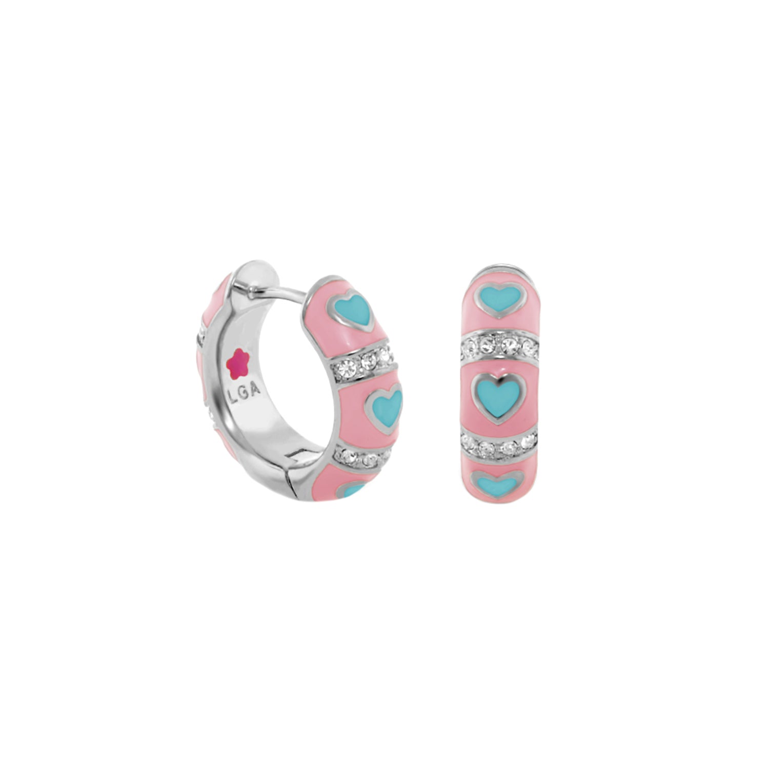 Lots of Love Earrings by Lauren G Adams, pink enamel huggie hoops with turquoise hearts and crystals on Tampa Home & Garden Store