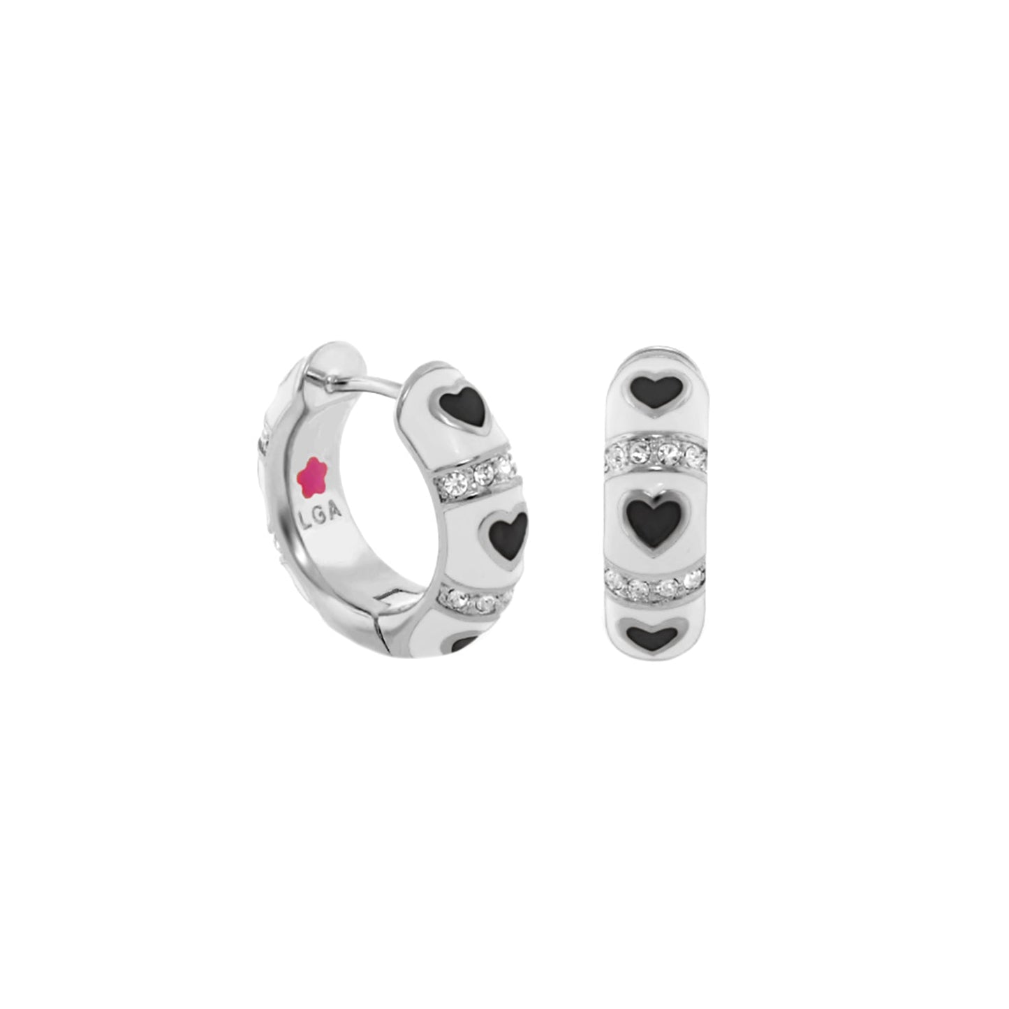 Lots of Love earrings by Lauren G Adams, silver huggie hoops with black heart accents and crystal band on Tampa Home & Garden Store