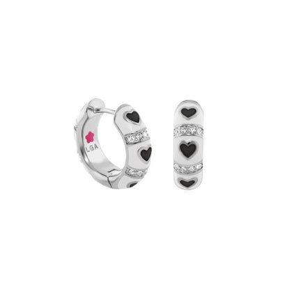 Lots of Love earrings by Lauren G Adams, silver huggie hoops with black heart accents and crystal band on Tampa Home & Garden Store