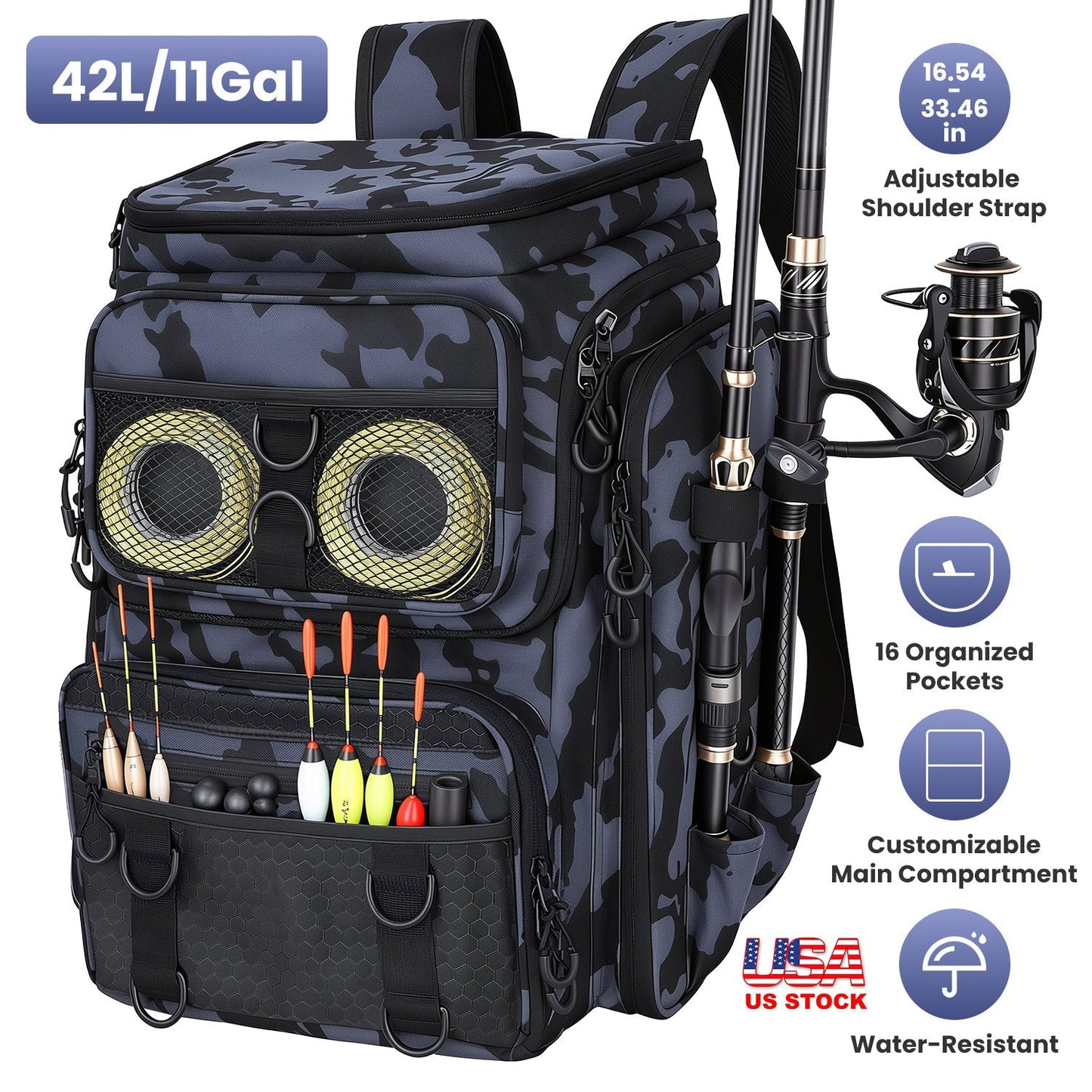 GemGear 42L camo fishing backpack with rod holders, 16 pockets, water-resistant, padded straps on Tampa Home & Garden Store