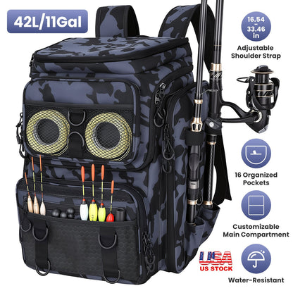 GemGear 42L camo fishing backpack with rod holders, 16 pockets, water-resistant, padded straps on Tampa Home & Garden Store