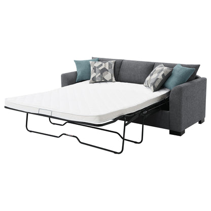Pacheco Sleeper Sectional Chaise Sofa gray fabric with teal cushions and pullout mattress on Tampa Home & Garden Store