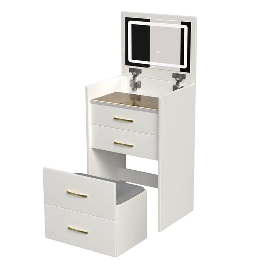 Vanity desk 3-in-1 white with open-top mirror and glass desktop, 5-height design on Tampa Home & Garden Store