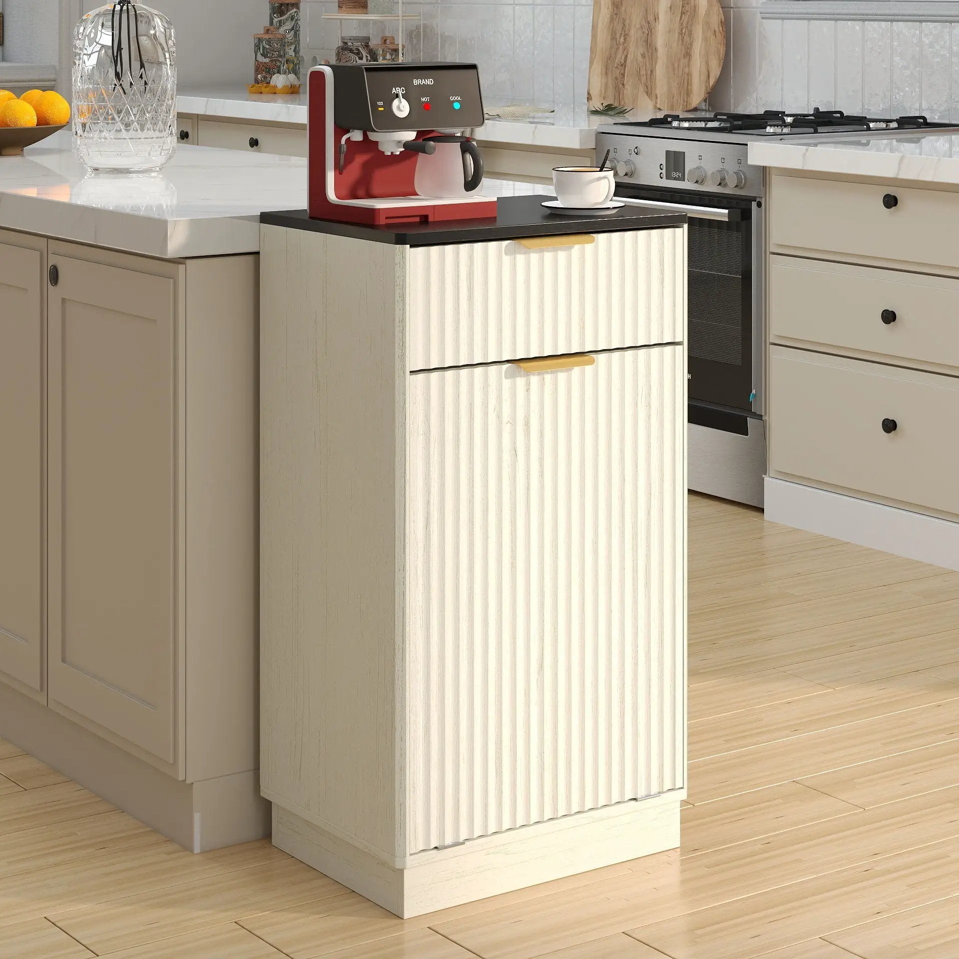 Tilt Out Trash Can Cabinet with Wave Textured Drawer and Pull Out Bin Beige on Tampa Home & Garden Store