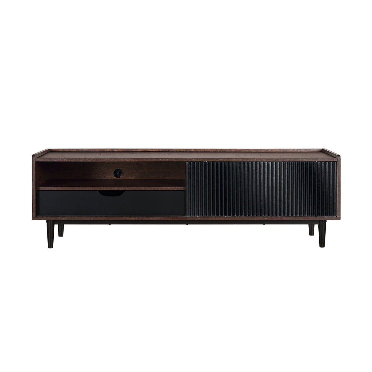 Fluted TV Stand with Sliding Door by HouseOfZazla, dark wood frame with black ribbed panel on Tampa Home & Garden Store