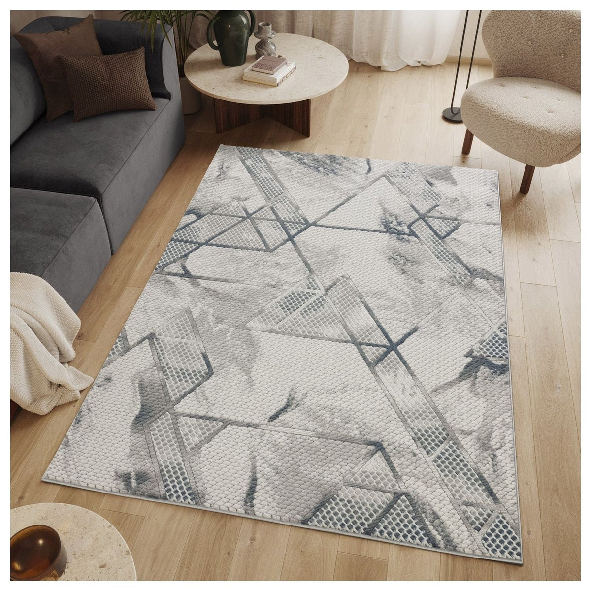 Area rug Modern 3D geometric ivory gray by HouseOfZazla in a contemporary living room on Tampa Home & Garden Store