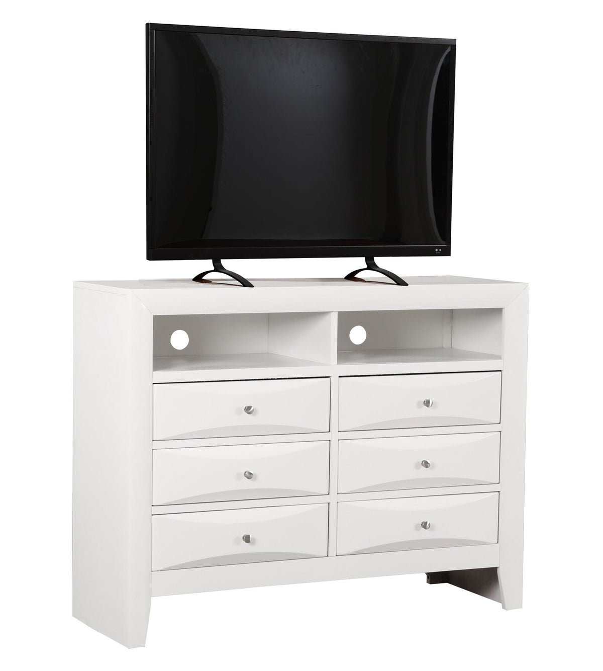 Media chest white with beveled fronts and silver knobs supporting a TV on Tampa Home & Garden Store