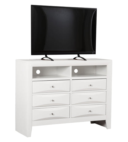 Media chest white with beveled fronts and silver knobs supporting a TV on Tampa Home & Garden Store