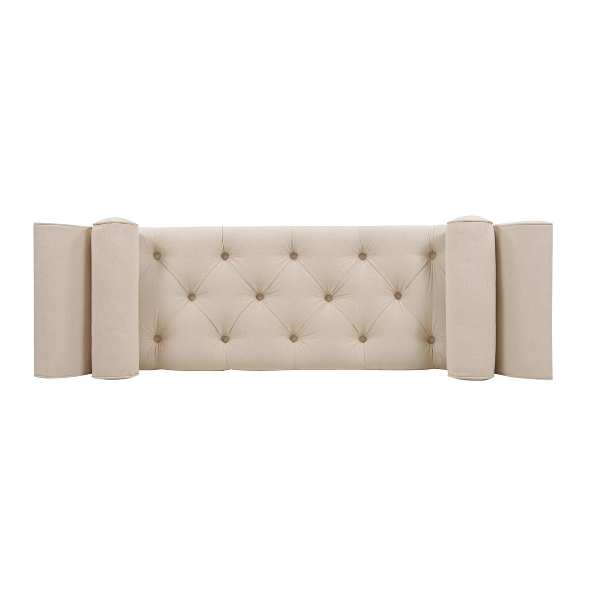 Tufted Flared Arm Entryway Bench in upholstered fabric with two bolster pillows by HouseOfZazla on Tampa Home & Garden Store
