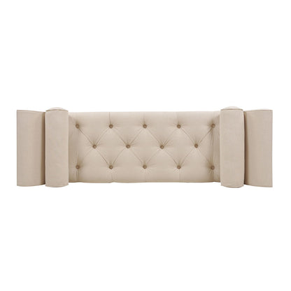 Tufted Flared Arm Entryway Bench in upholstered fabric with two bolster pillows by HouseOfZazla on Tampa Home & Garden Store