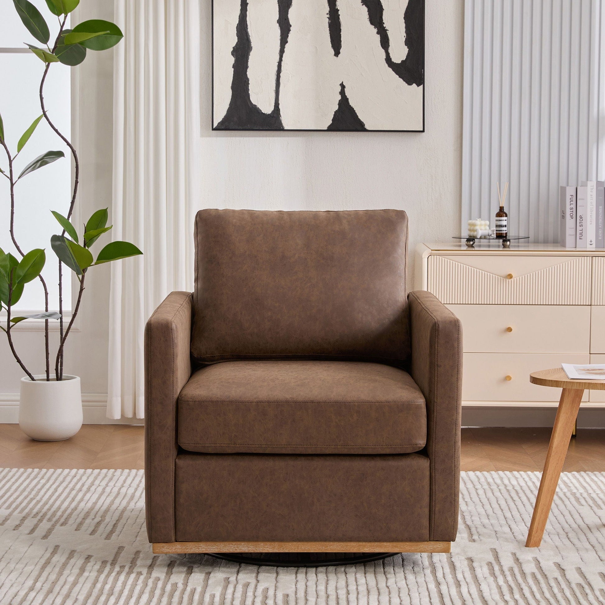 Modern Upholstered Square Swivel Accent Chair by HouseOfZazla brown leather, 360° rotation on Tampa Home & Garden Store