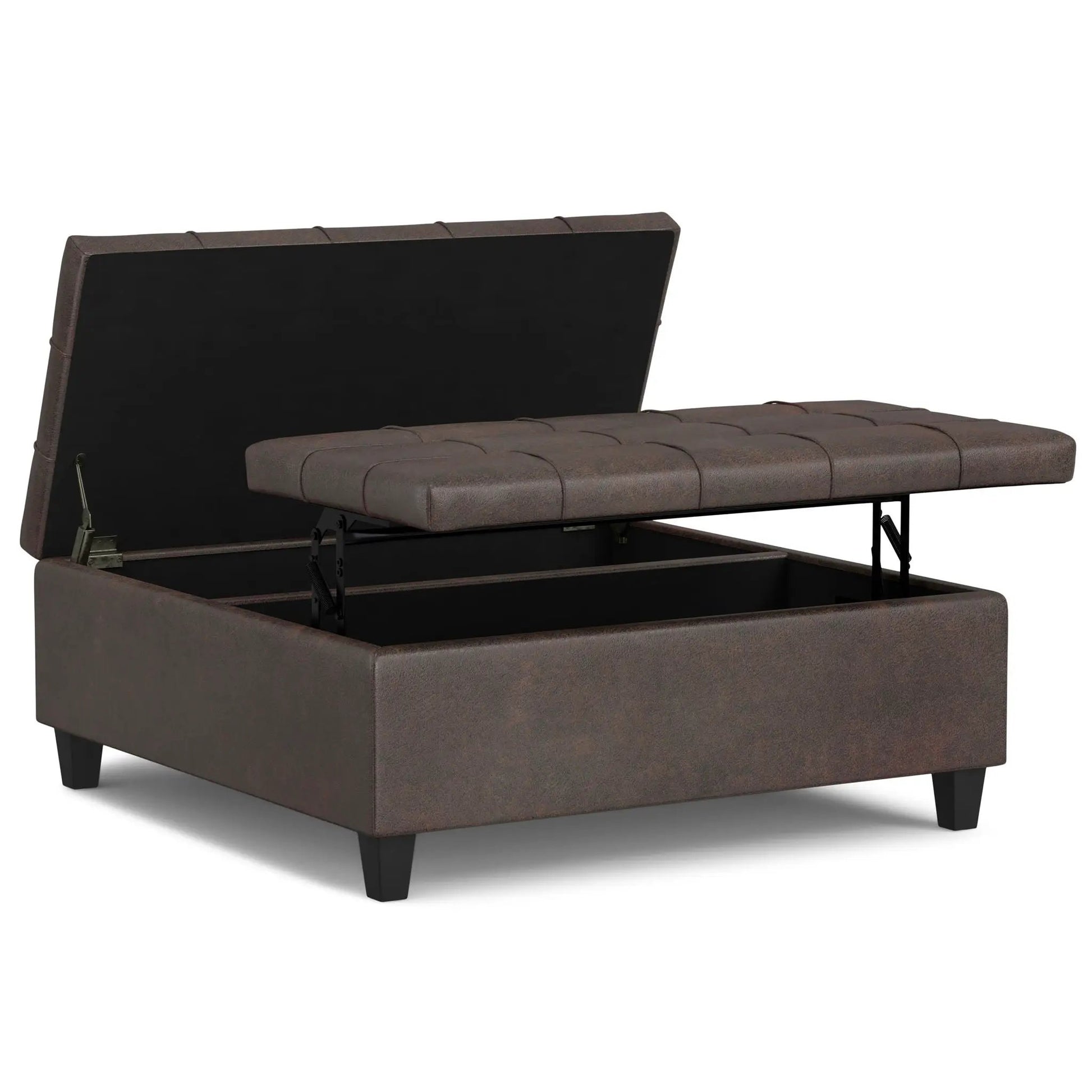 Harrison coffee table storage ottoman in brown leatherette with tufted lid and storage on Tampa Home & Garden Store
