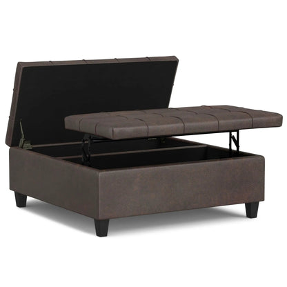 Harrison coffee table storage ottoman in brown leatherette with tufted lid and storage on Tampa Home & Garden Store