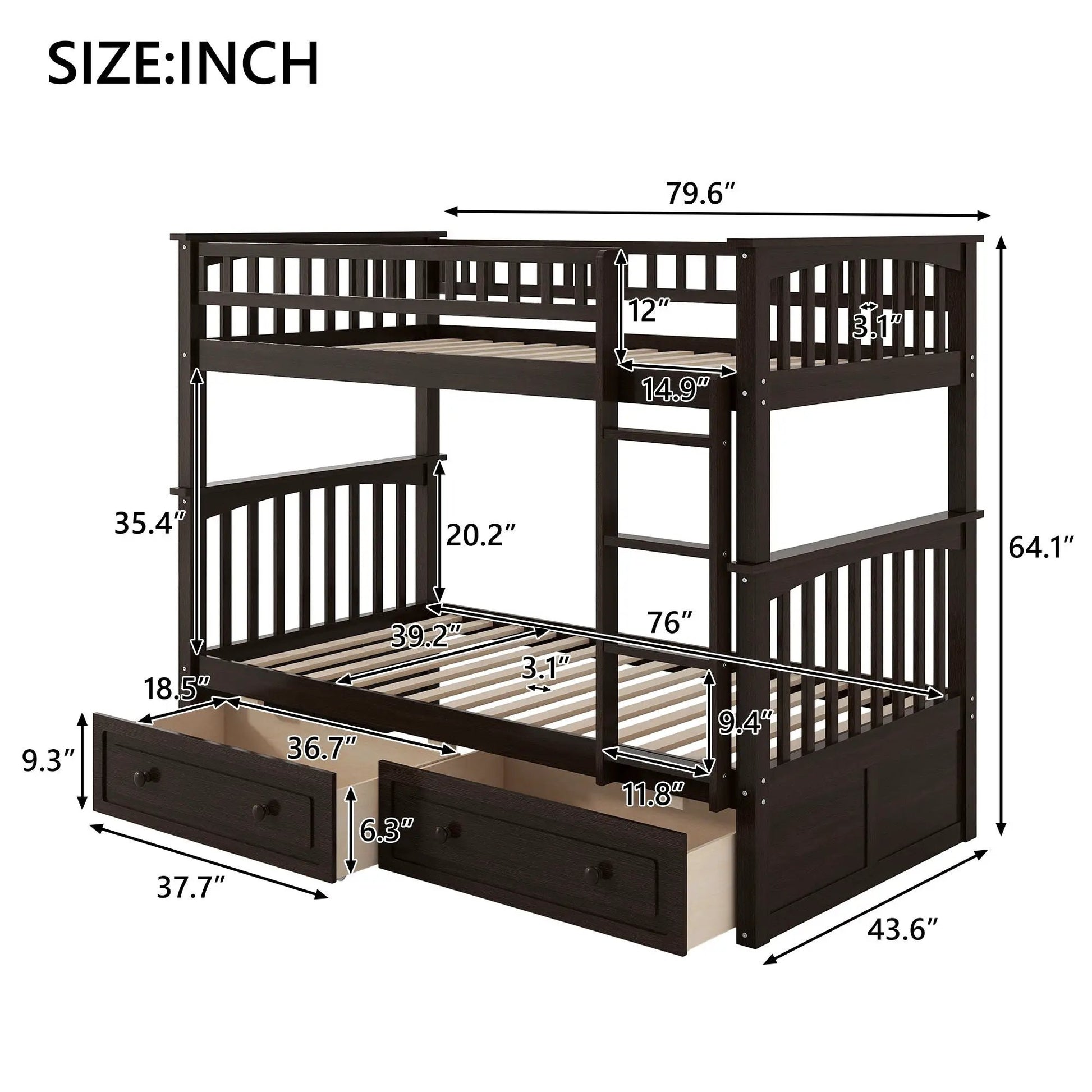 Bunk bed with drawers in dark wood finish, convertible design by Unique Piece Furniture on Tampa Home & Garden Store