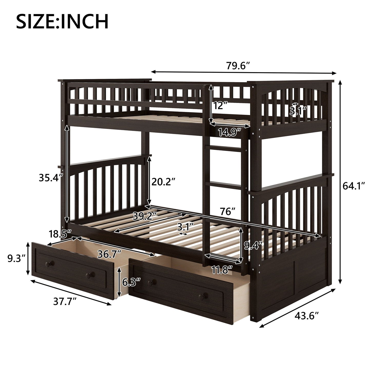 Bunk bed by HouseOfZazla dark espresso twin-over-twin ladder under-bed drawers convertible on Tampa Home & Garden Store