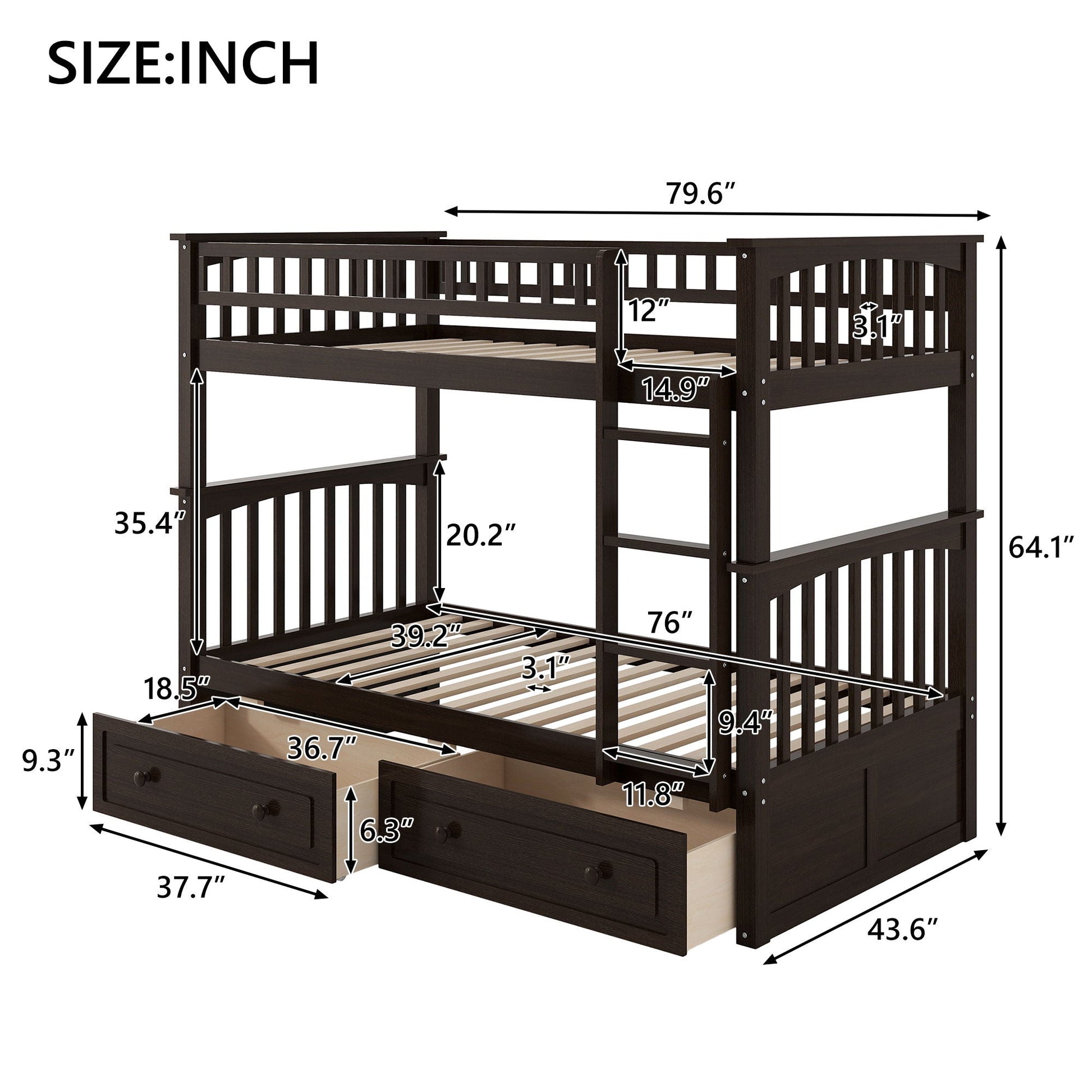 Bunk bed by HouseOfZazla dark espresso twin-over-twin ladder under-bed drawers convertible on Tampa Home & Garden Store