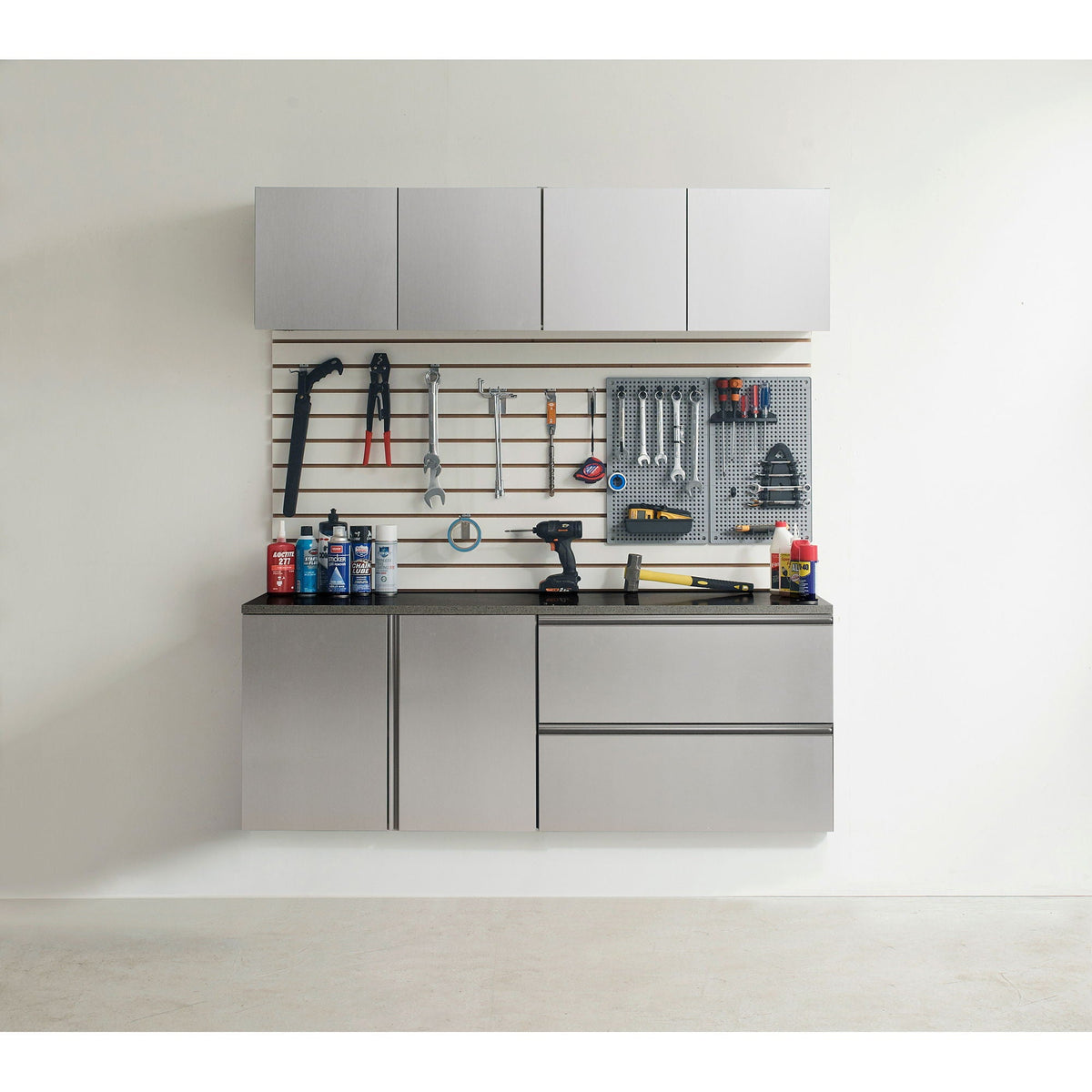 Metallic gray garage cabinet set by HouseOfZazla with deep storage, 4 doors on Tampa Home & Garden Store