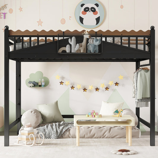 Full Size Loft Bed with Ladders and Storage Shelves black metal frame with wood guard rail on Tampa Home & Garden Store