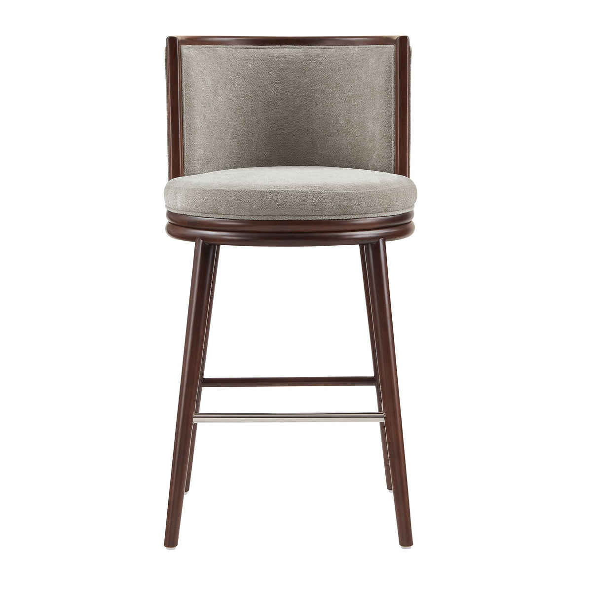 Evalyn Dove Barstool greige fabric, dark wood frame, stainless footrest, bar height 28–30in on Tampa Home & Garden Store
