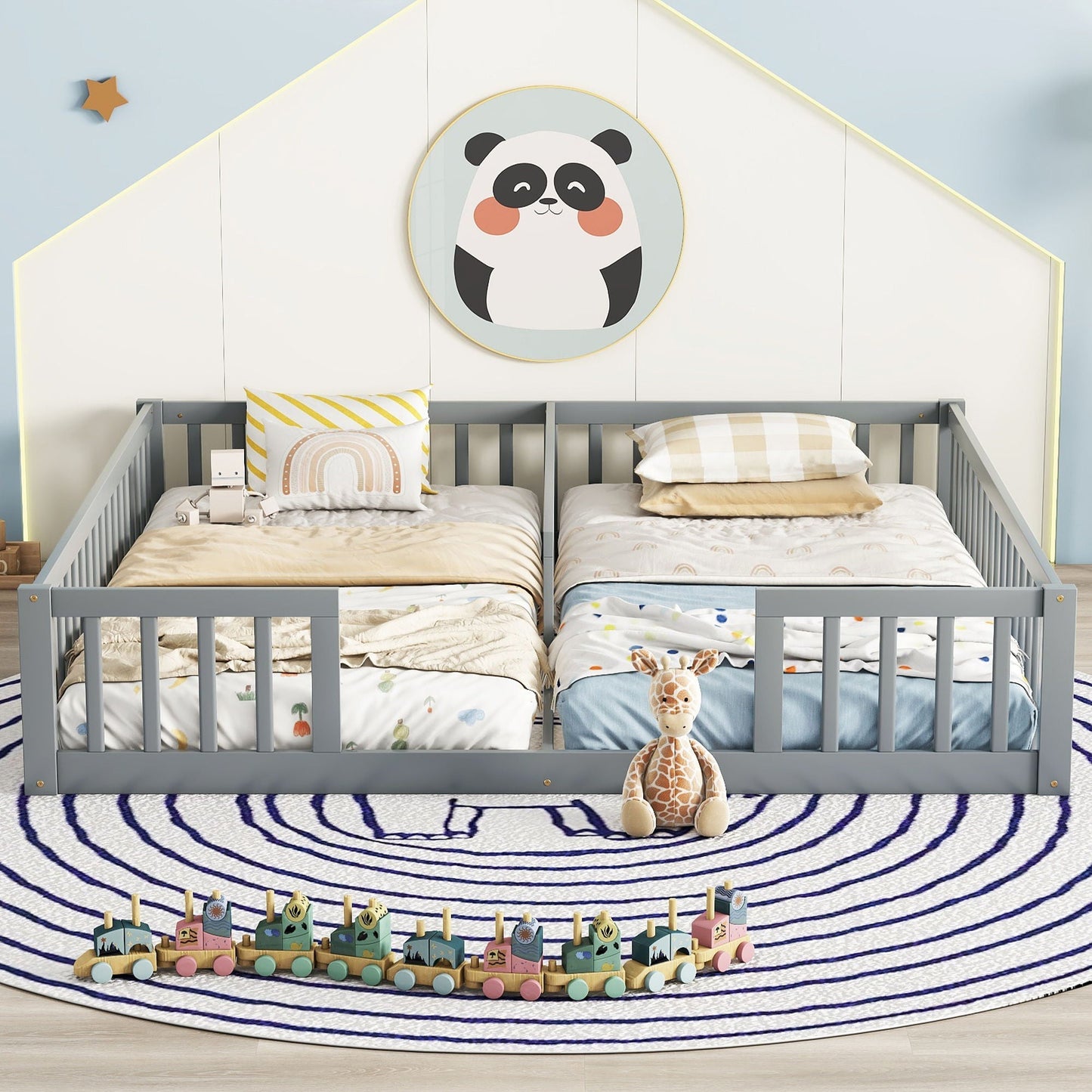 Solid Double Floor Bed With Guardrails and Fence