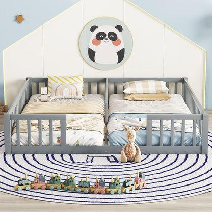 Solid Double Floor Bed With Guardrails and Fence