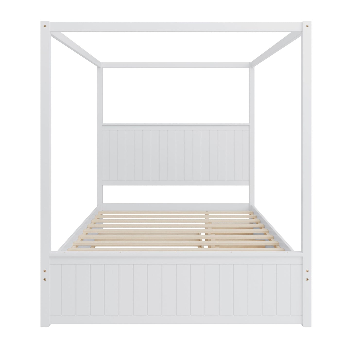 Canopy bed frame in white with slatted platform and vertical-panel headboard HouseOfZazla on Tampa Home & Garden Store