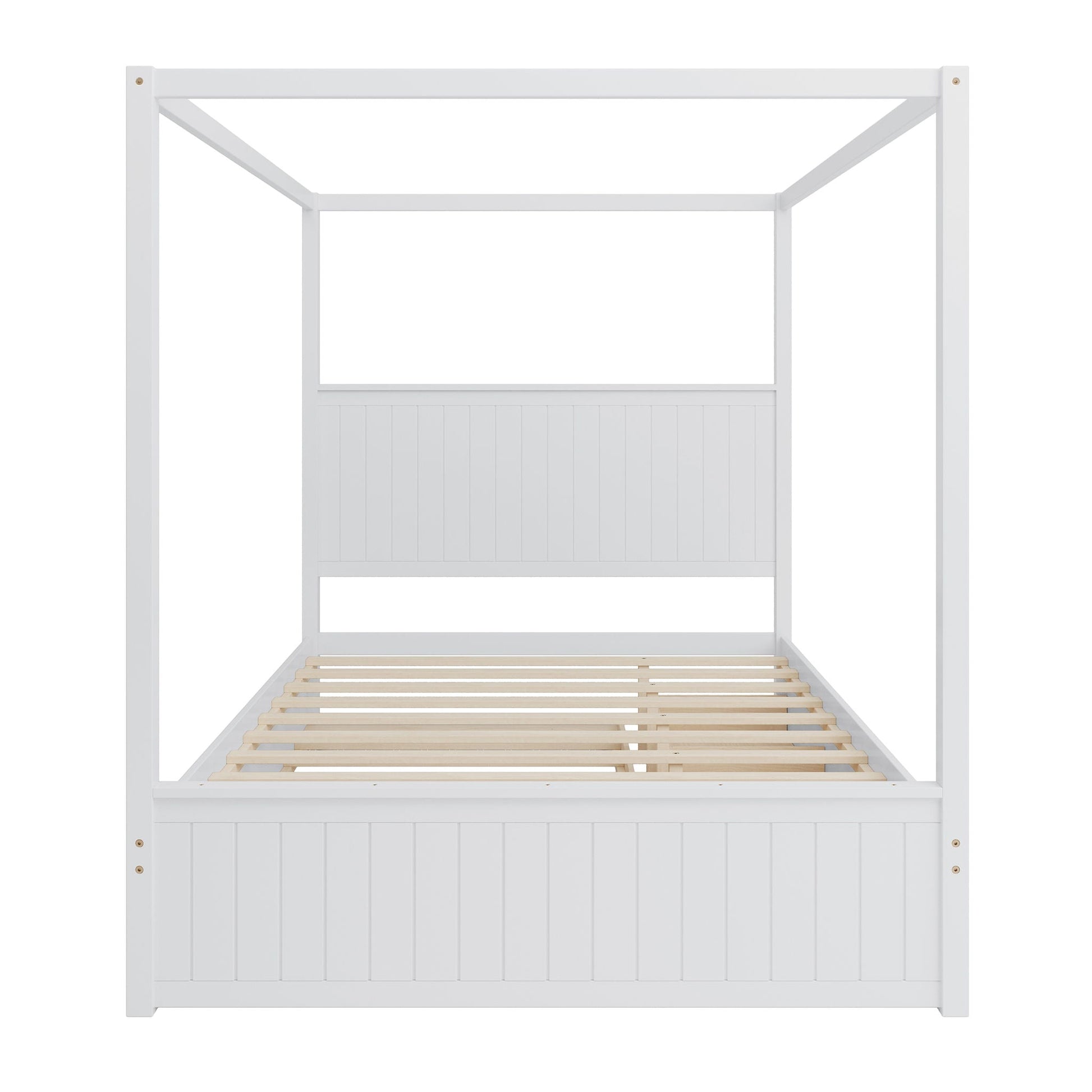 Canopy bed frame in white with slatted platform and vertical-panel headboard HouseOfZazla on Tampa Home & Garden Store