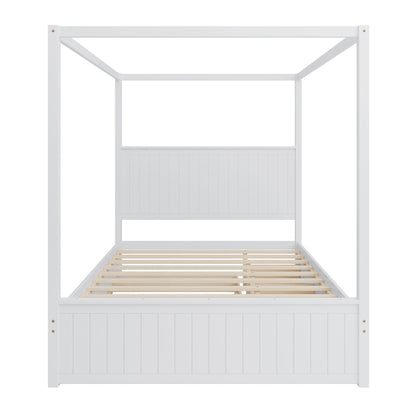 Canopy bed frame in white with slatted platform and vertical-panel headboard HouseOfZazla on Tampa Home & Garden Store