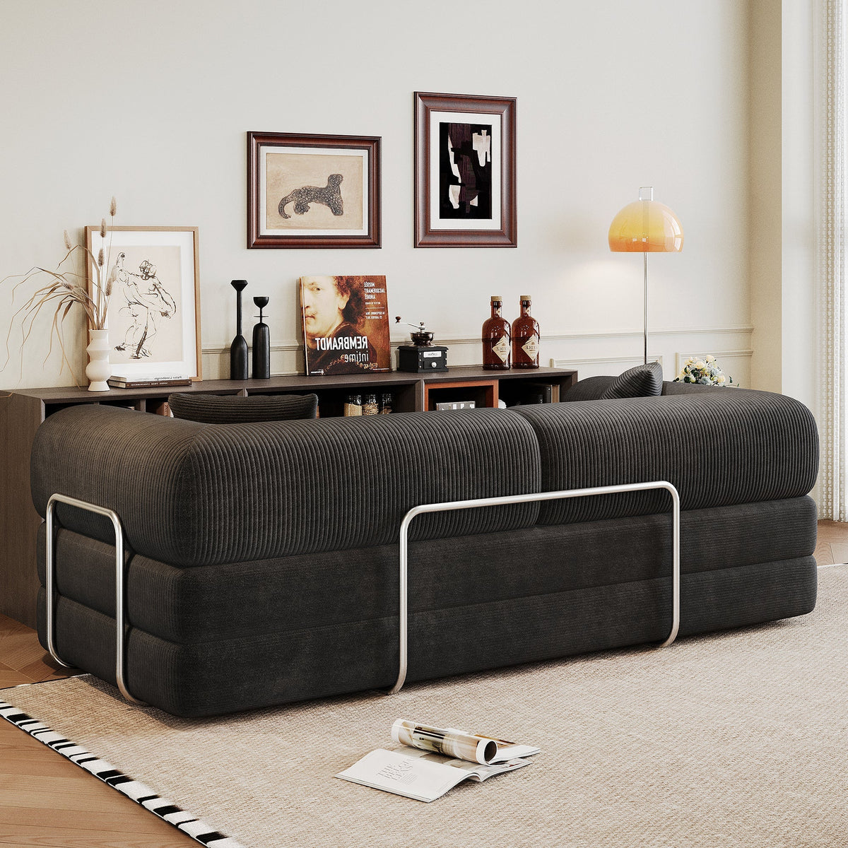 Compression sofa from HouseOfZazla in black corduroy, a stationary floor sectional on Tampa Home & Garden Store