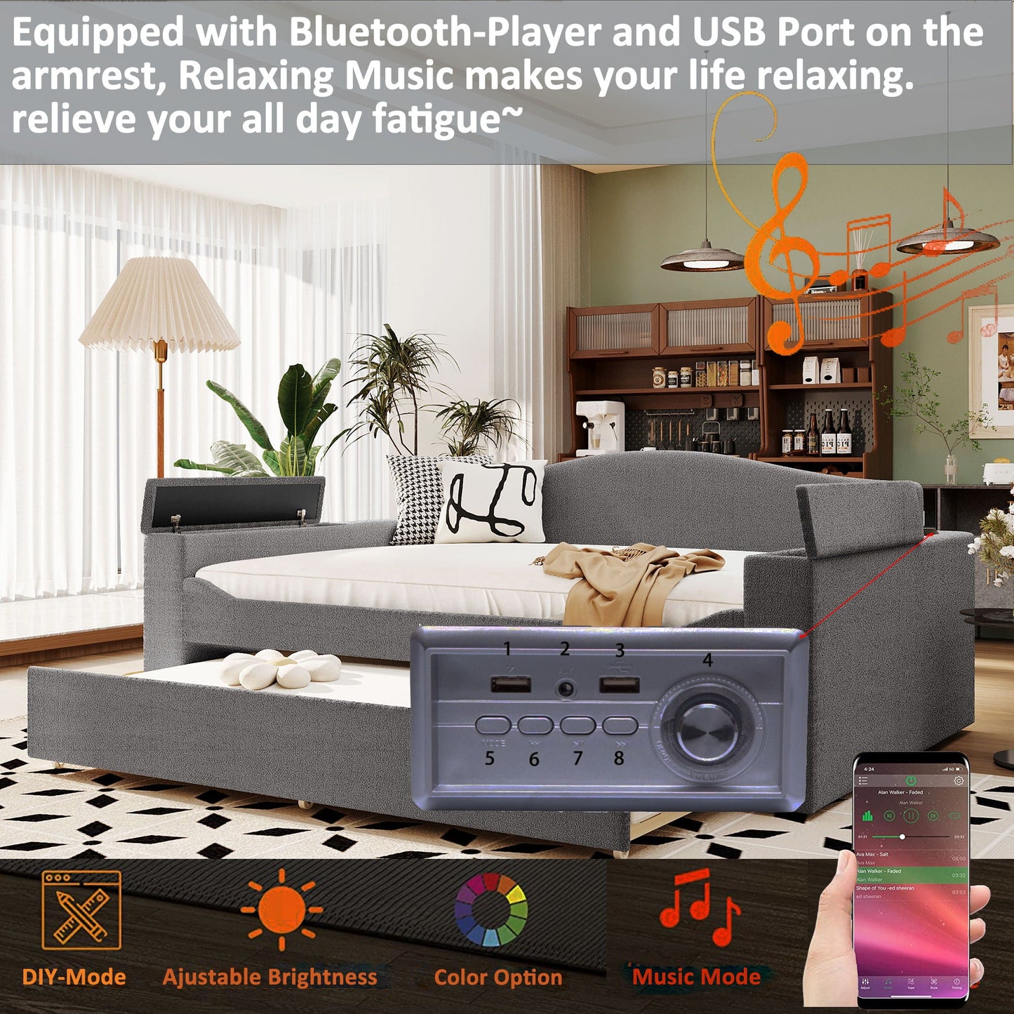 Upholstered daybed with storage arms and trundle by HouseOfZazla, gray fabric, Bluetooth audio on Tampa Home & Garden Store