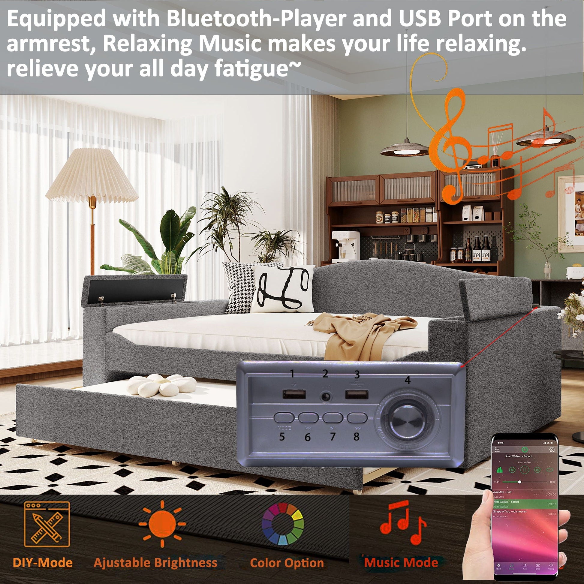 Upholstered daybed with storage arms and trundle by HouseOfZazla, gray fabric, Bluetooth audio on Tampa Home & Garden Store