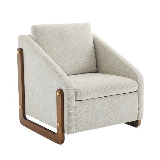 Modern upholstered armchair with wooden side frame in beige textured fabric by Unique Piece on Tampa Home & Garden Store