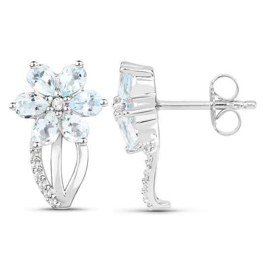 Earrings 1.54ct Aquamarine and White Topaz in .925 Sterling Silver, flower cluster design on Tampa Home & Garden Store