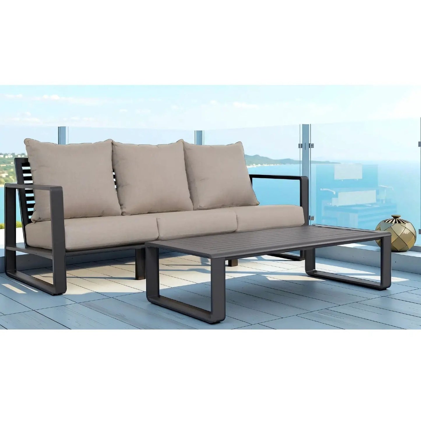 Durable sofa with dark gray frame; rectangular coffee table 2-piece outdoor set on Tampa Home & Garden Store