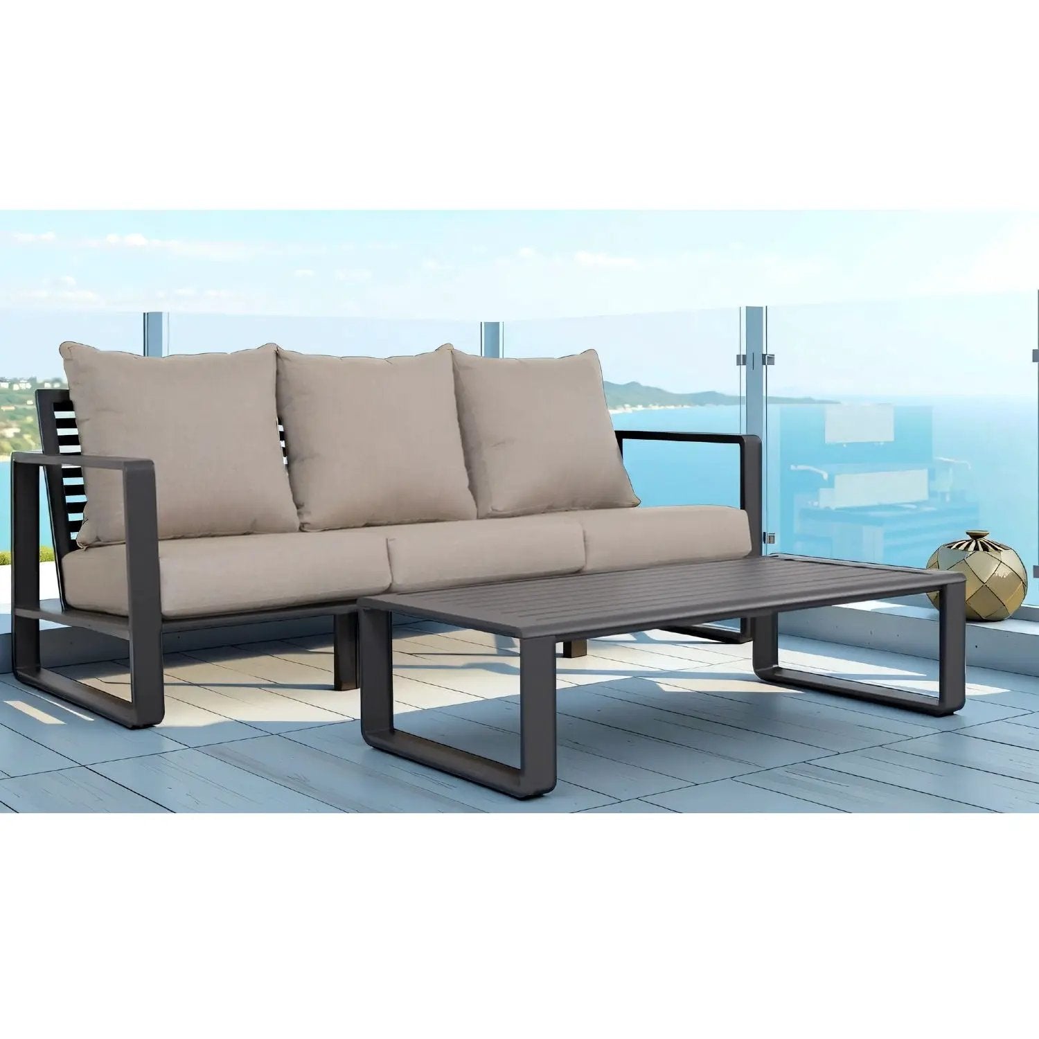 Durable sofa with dark gray frame; rectangular coffee table 2-piece outdoor set on Tampa Home & Garden Store