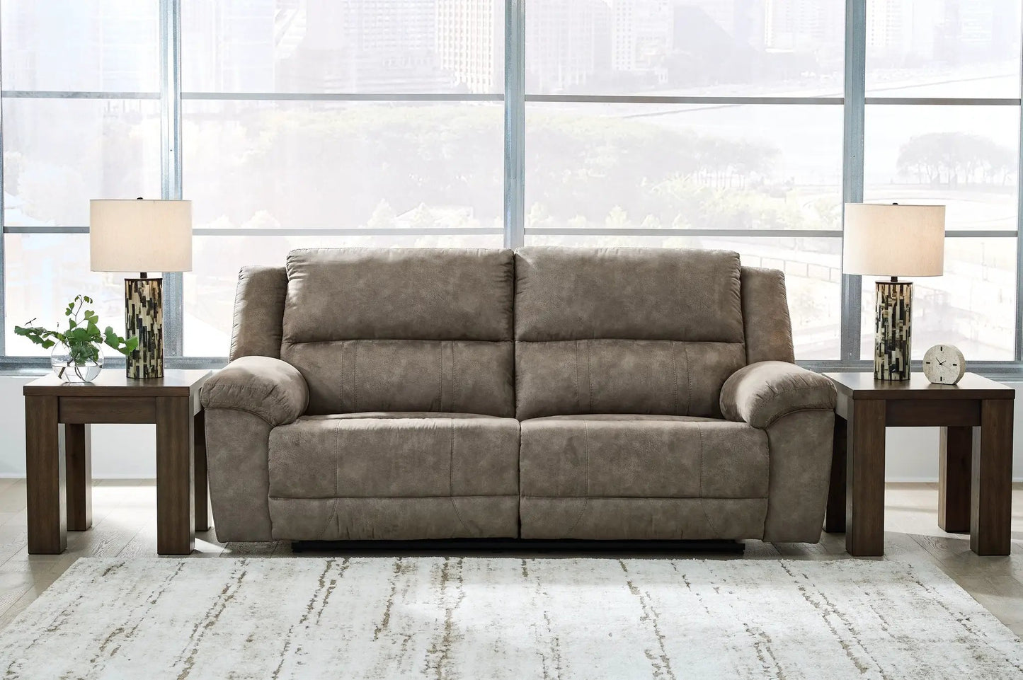 Laresview 2-seat reclining sofa fossil fabric by Unique Piece Furniture with two end tables on Tampa Home & Garden Store