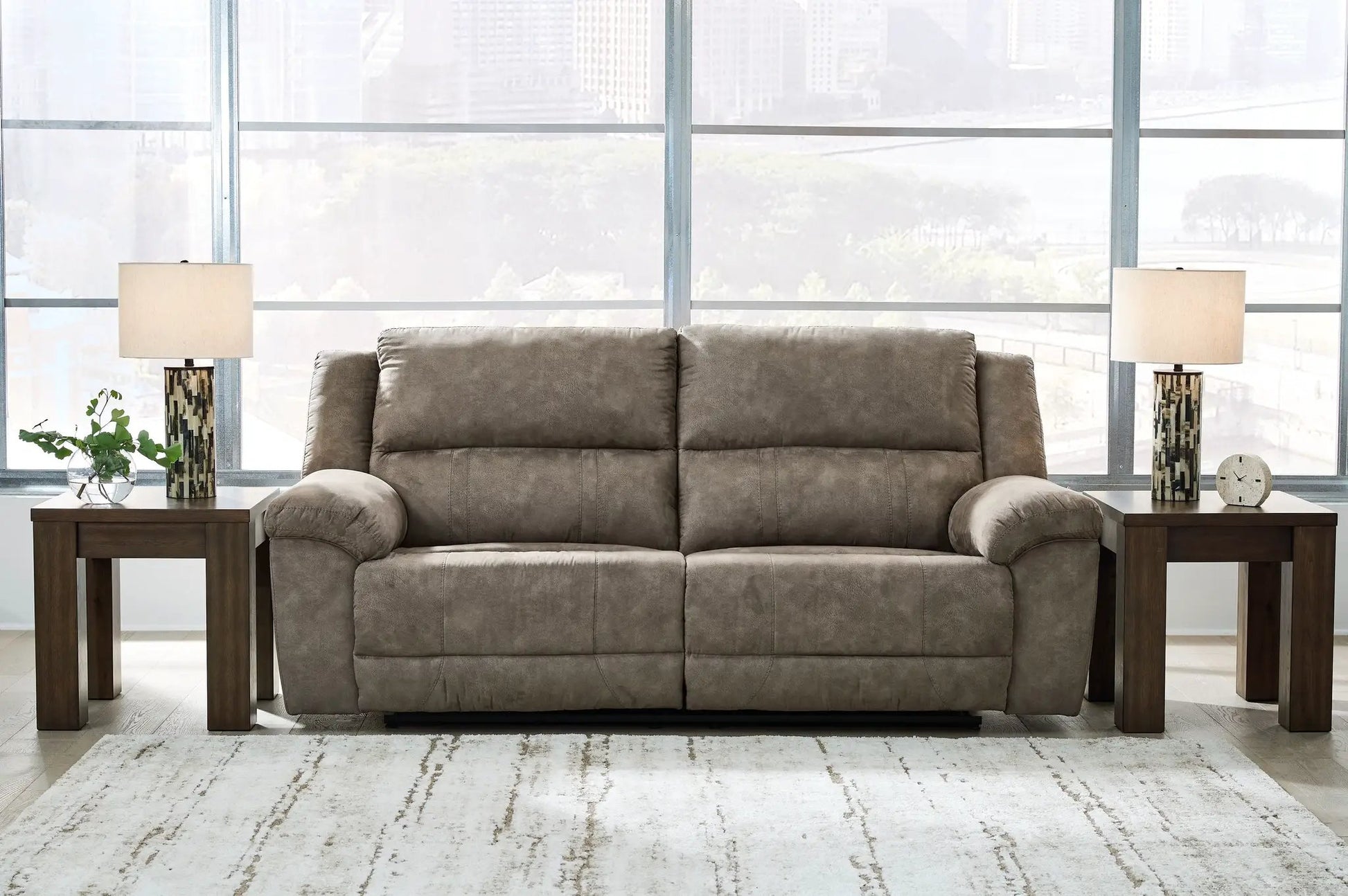 Laresview 2-seat reclining sofa fossil fabric by Unique Piece Furniture with two end tables on Tampa Home & Garden Store