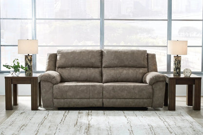 Laresview 2-seat reclining sofa fossil fabric by Unique Piece Furniture with two end tables on Tampa Home & Garden Store