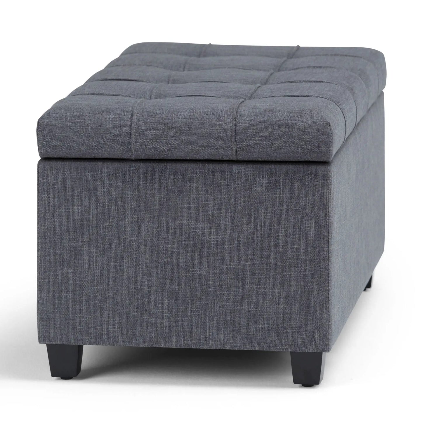 Sienna Upholstered Storage Ottoman Bench in dark gray fabric with tufted lid and black legs on Tampa Home & Garden Store