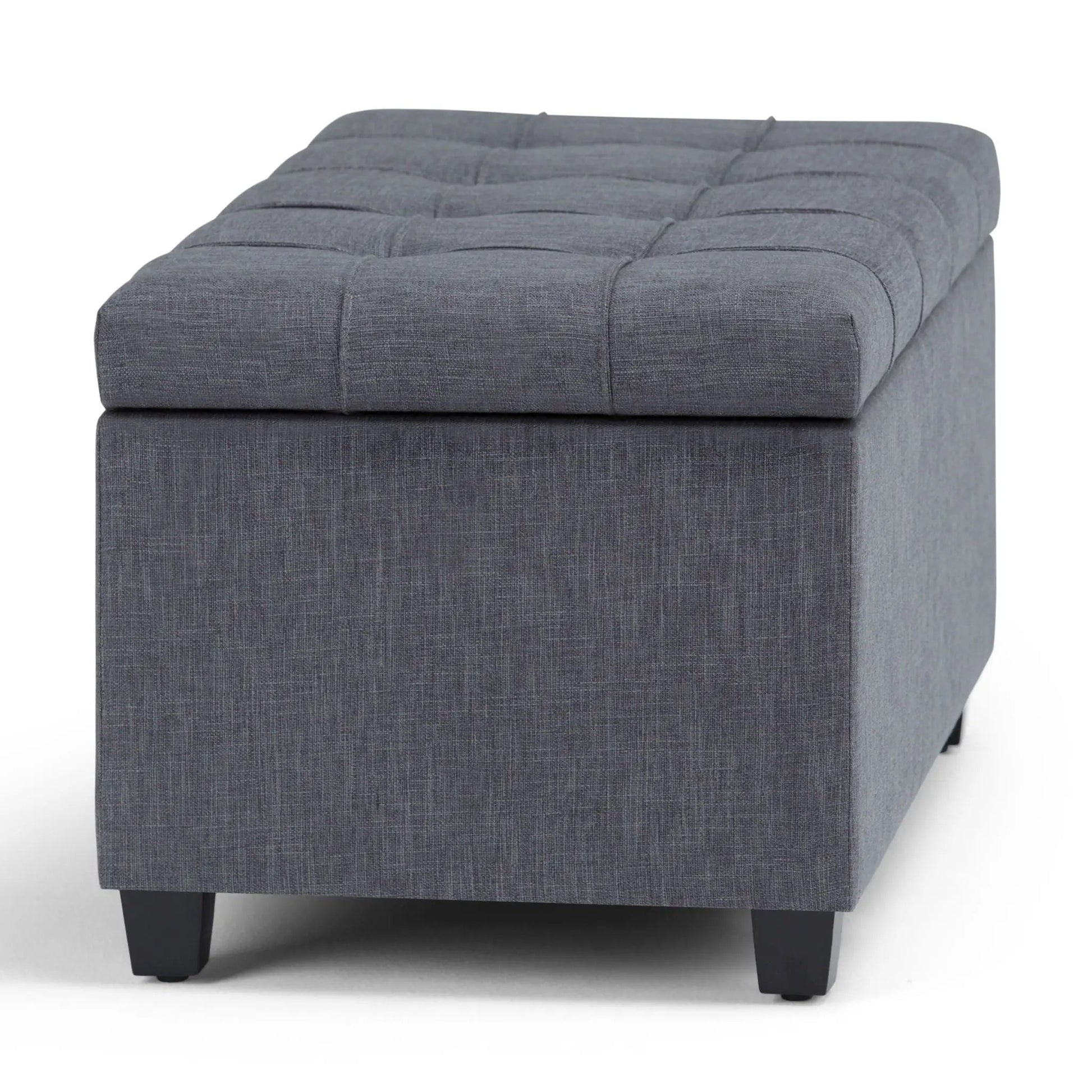 Sienna Upholstered Storage Ottoman Bench in dark gray fabric with tufted lid and black legs on Tampa Home & Garden Store