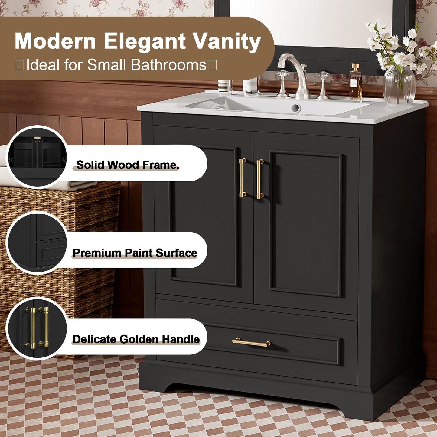 Bathroom vanity with sink, dark charcoal finish, 1 divided drawer and 2 soft-close doors on Tampa Home & Garden Store