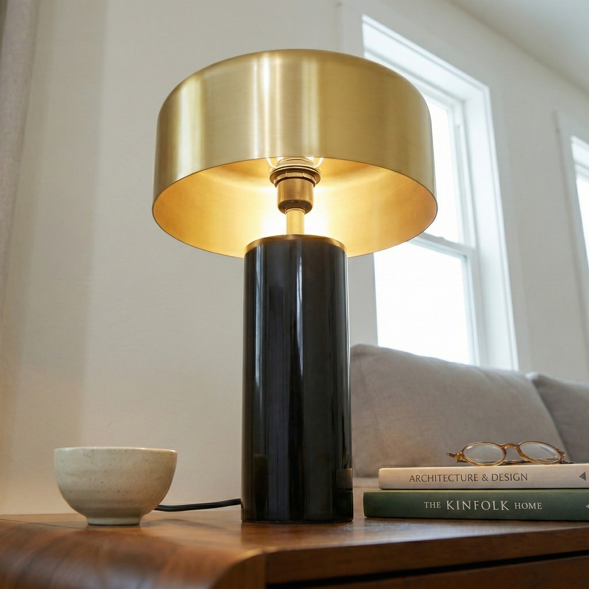 Small Modern Stylish Desk Lamp with gold brass shade and black base on Tampa Home & Garden Store
