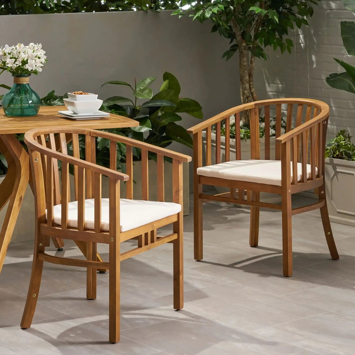 Outdoor wooden dining chairs with white cushions, slat back design, set of 2 on Tampa Home & Garden Store
