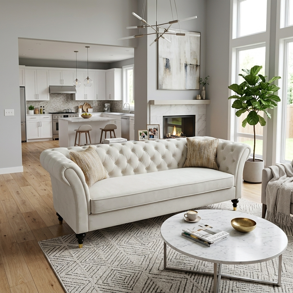 88.5-inch Chesterfield Sofa in cream tufted fabric with rolled arms on Tampa Home & Garden Store